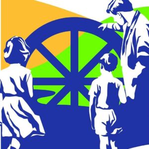 An adults and two small children exploring a water wheel